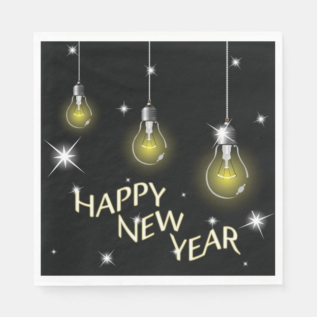 Modern Glowing Light Bulbs Happy New Year Napkin (Front)