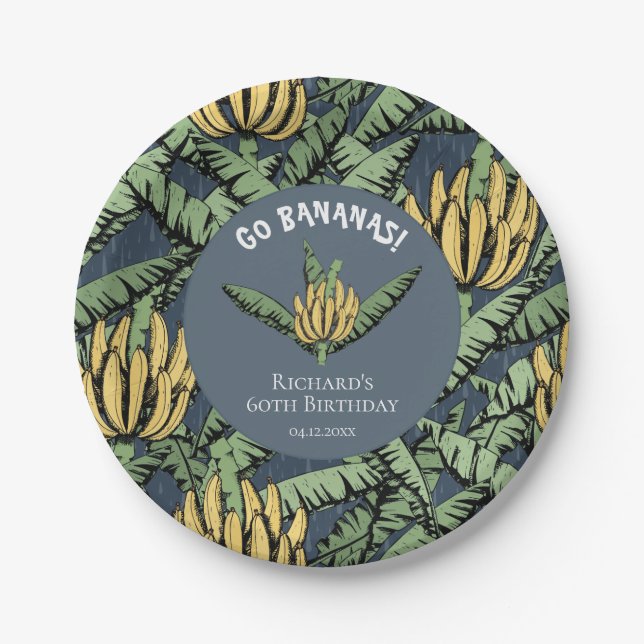 Modern Go Bananas Navy Blue Yellow Banana Leaves Paper Plate (Front)