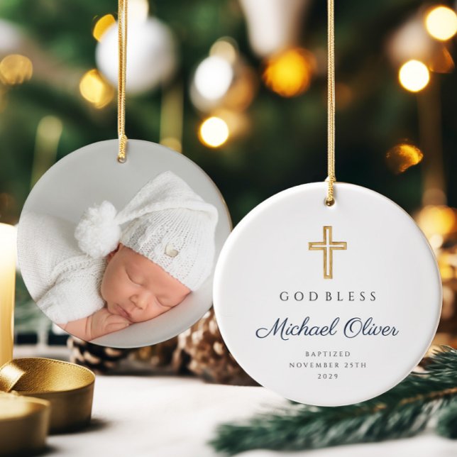 Modern God Bless Religious Cross Baptism Ceramic Tree Decoration (Modern God Bless Religious Cross Baptism Ceramic Ornament)