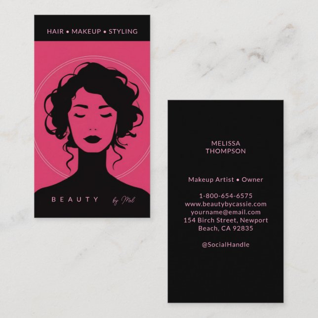 Modern Goddess Makeup Hair Nails Pink Black Chic Business Card (Front/Back)