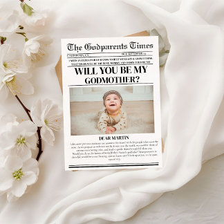 Modern Godparent Proposal Newspaper Baptism  Invitation