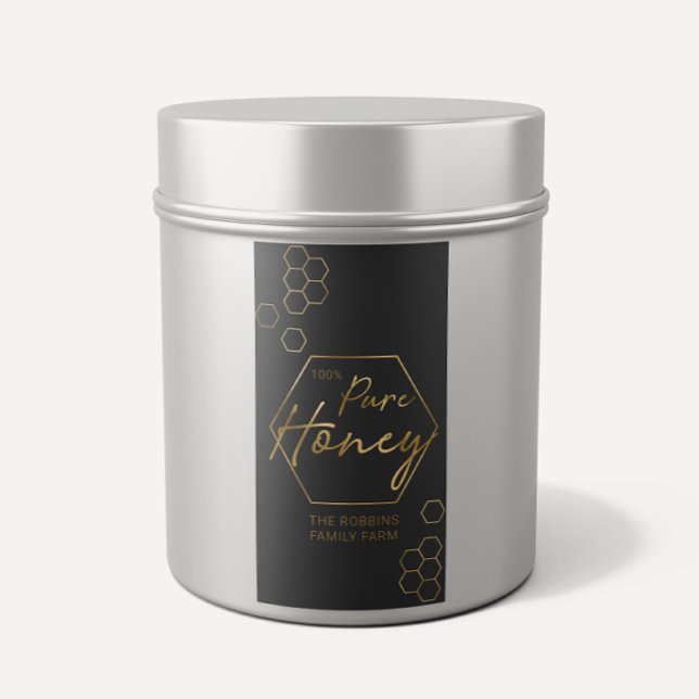 Modern Gold 100% Pure Honey Jar Labels Apiary Name (Creator Uploaded)
