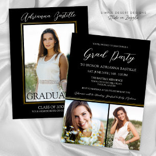 Modern Gold 3 Photo Calligraphy Graduation Party Invitation
