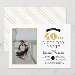 Modern Gold 40th Birthday Party Photo Invitation