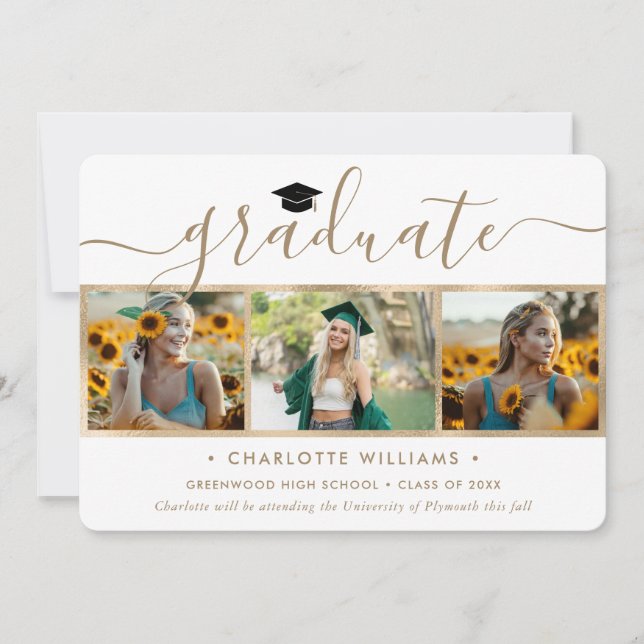 Modern Gold 4 Photo Collage Script Graduation Announcement (Front)