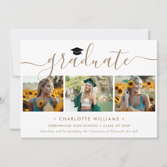 Modern Gold 4 Photo Collage Script Graduation Announcement (Front)