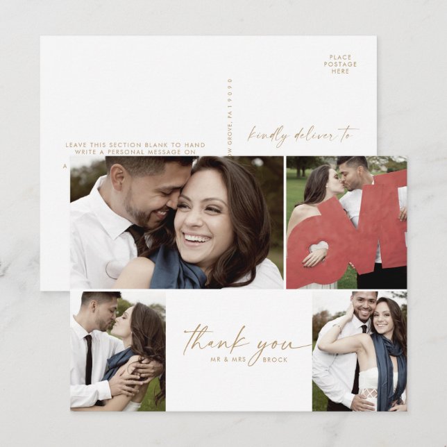Modern Gold 4 Photo Collage Wedding Thank You Postcard (Front/Back)