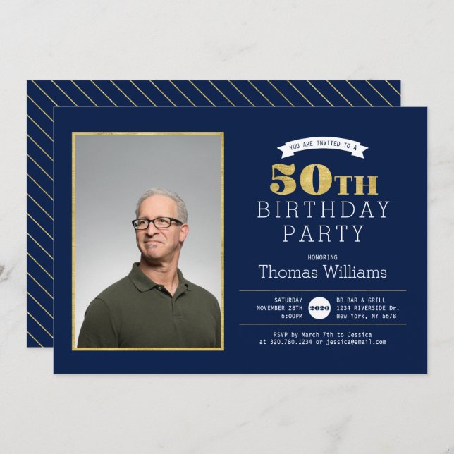 Modern Gold 50th Birthday Party Photo Invitation (Front/Back)
