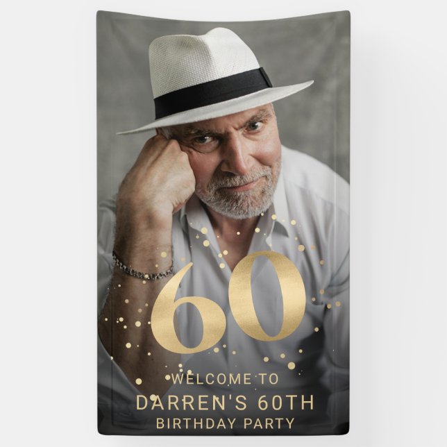 Modern Gold 60th Photo Birthday Welcome Party Banner (Vertical)
