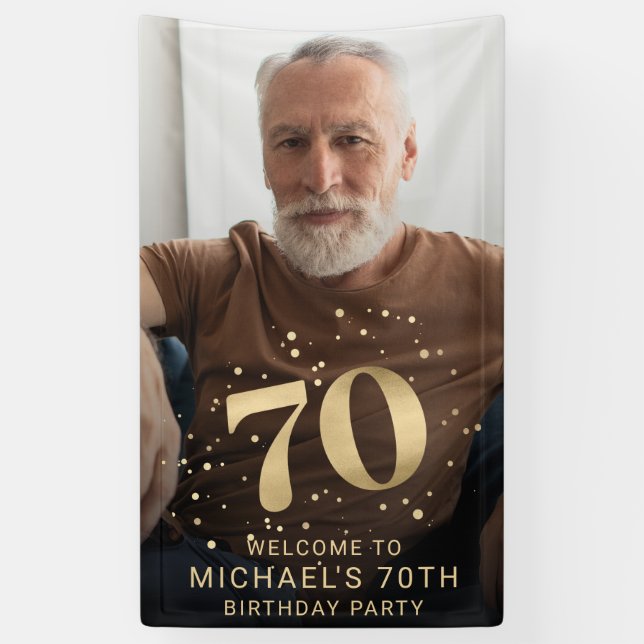 Modern Gold 70th Photo Birthday Welcome Party Banner (Vertical)