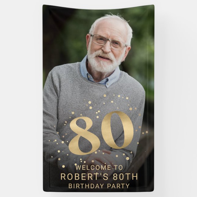 Modern Gold 80th Photo Birthday Welcome Party Banner (Vertical)