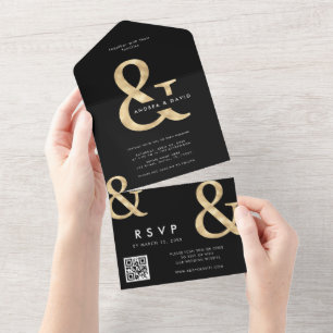 Modern Gold Ampersand Black QR Code RSVP Wedding All In One Invitation