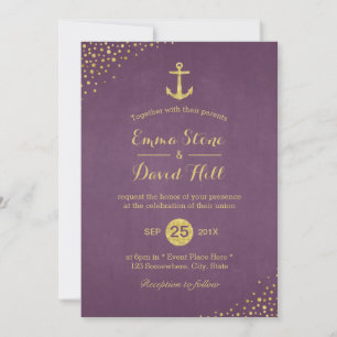 Modern Gold Anchor Nautical Wedding Purple Invitation