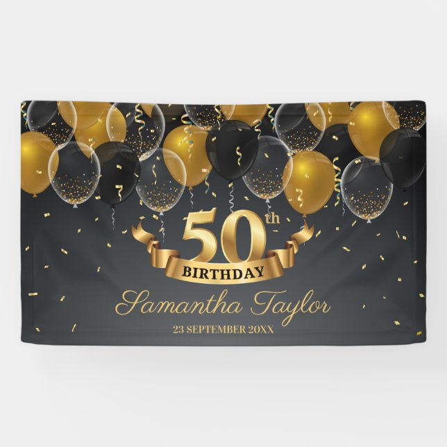 Modern gold and black baloons 50th birthday party banner (Horizontal)