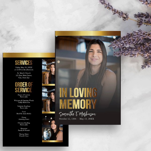 Modern Gold and Black Bold Photo Funeral Program Invitation (Creator Uploaded)