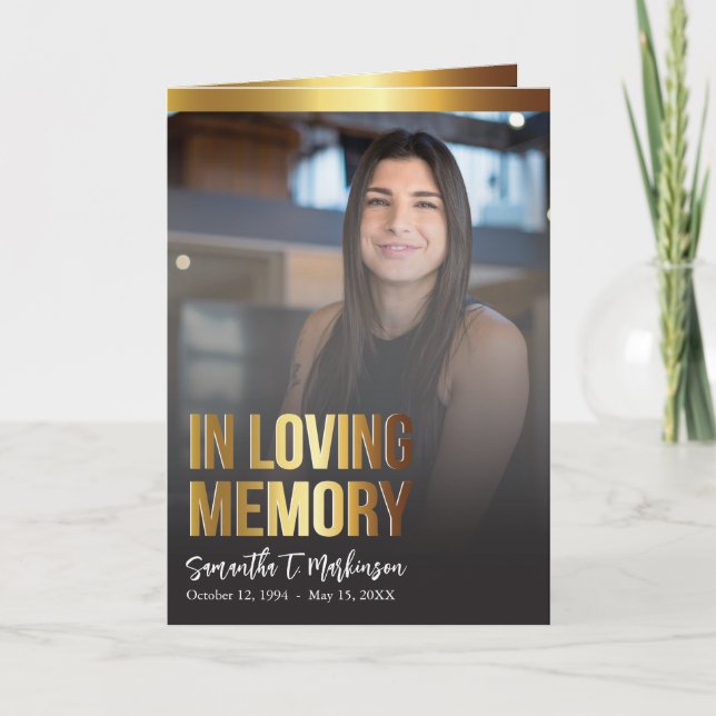 Modern Gold and Black Bold Photo Funeral Program Programme (Front)