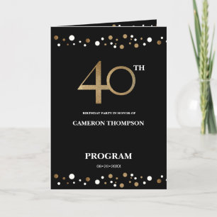 Modern Gold and Black Confetti 40th birthday Programme