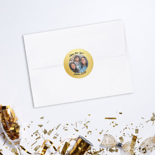 Modern Gold and Black Family Happy New Year Classic Round Sticker