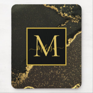 Modern Gold and Black Marbled Monogram Mouse Mat