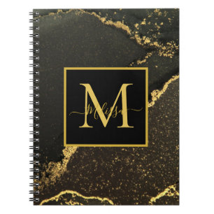 Modern Gold and Black Marbled Monogram Notebook