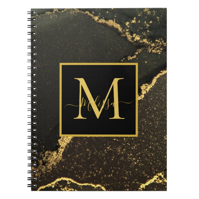 Modern Gold and Black Marbled Monogram Notebook (Front)