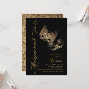 Modern Gold and Black Masquerade Party Birthday Invitation
