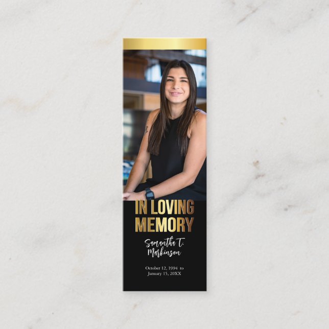 Modern Gold and Black Photo Funeral Bookmark Mini Business Card (Front)