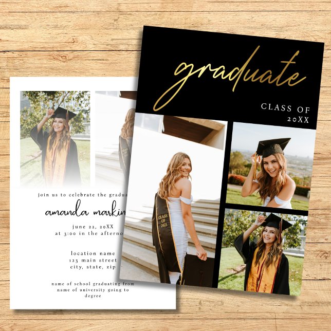 Modern Gold and Black Photo Graduation Party Invitation (Creator Uploaded)