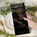 Modern gold and black photo wedding menu<br><div class="desc">Simple minimalistic moody black and faux gold trendy romantic calligraphy script custom wedding menu card template with custom photo dark overlay.          Easy to personalise with your text and 2 pictures.</div>