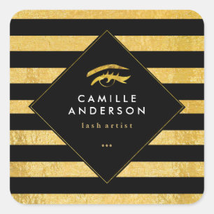 Modern Gold and Black Stripes with Gold Lashes Square Sticker