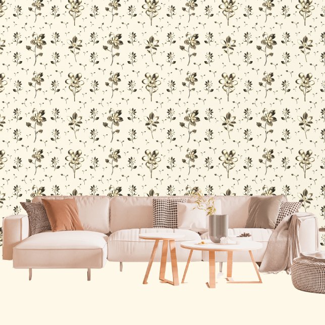  Modern Gold And Bronze Metallic Flowers Cream Wallpaper (Living Room)
