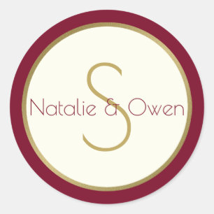 Modern Gold and Burgundy Monogram Classic Round Sticker