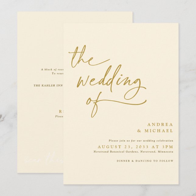 Modern Gold and Cream Handwriting Wedding Invitation (Front/Back)
