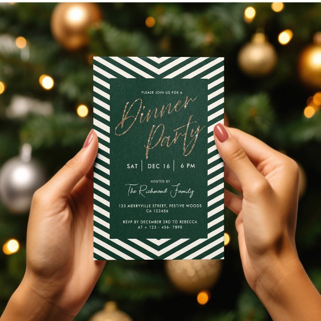 Modern Gold and Green Holiday Dinner Party  Invitation (Modern Gold and Green Christmas or Birthday dinner party invitation)