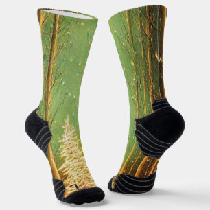 Modern Gold and Green Trees in Forest Socks