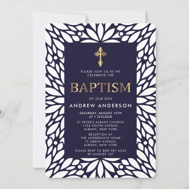 Modern Gold And Navy Blue Boy Baptism Invitation (Front)