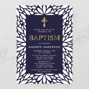 Modern Gold And Navy Blue Boy Baptism Invitation