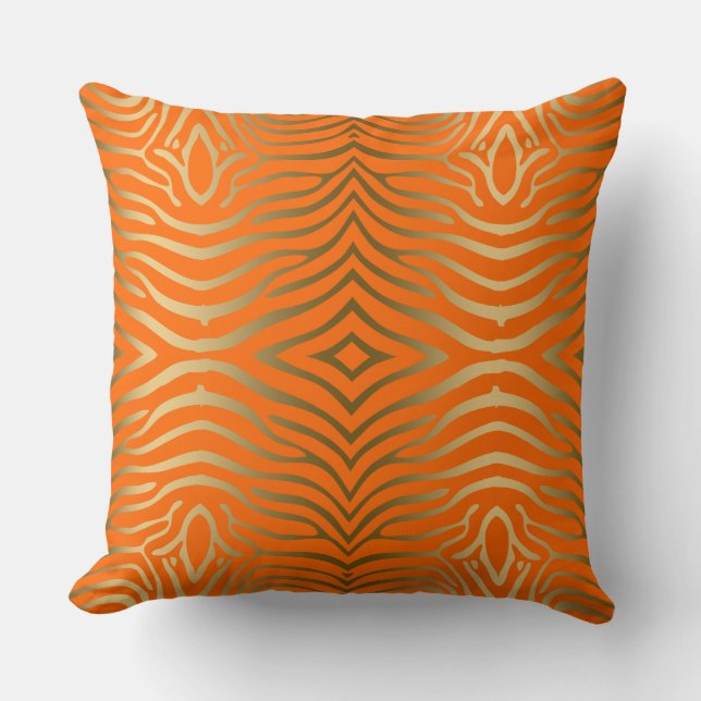 Modern Gold And Orange Zebra Stripes Cushion (Front)