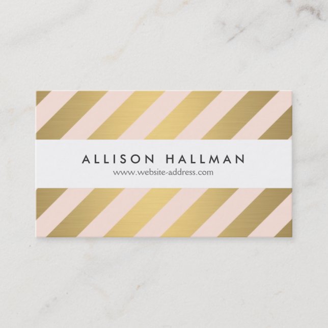 Modern Gold and Peach Diagonal Stripes Business Card (Front)