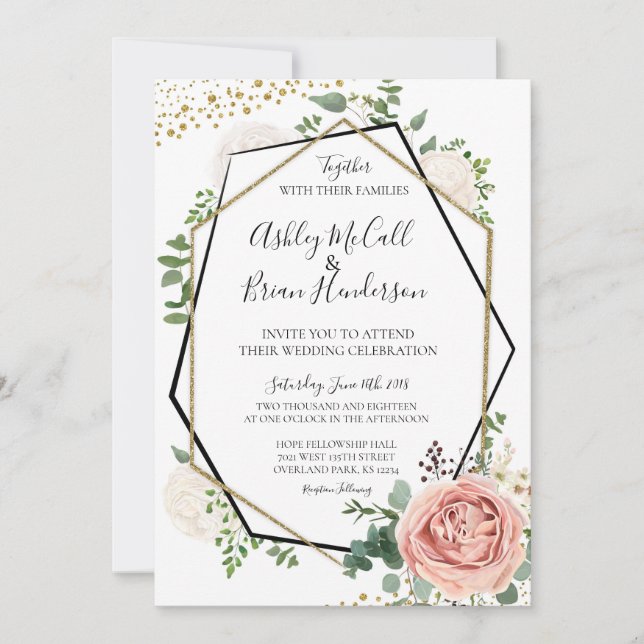 Modern Gold and Pink Geometric Wedding Invite (Front)