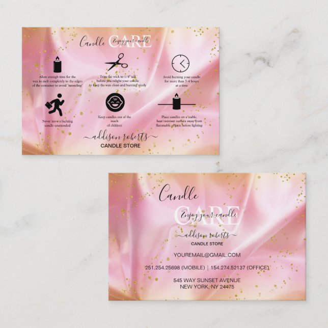 Modern Gold and Pink Glitter Candle Care Business Card (Front/Back)