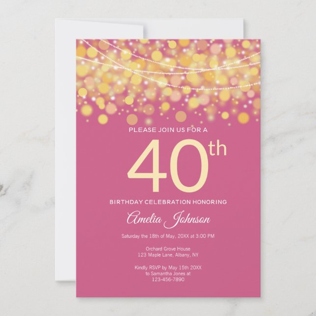 Modern Gold and Pink String lights 40th birthday Invitation (Front)