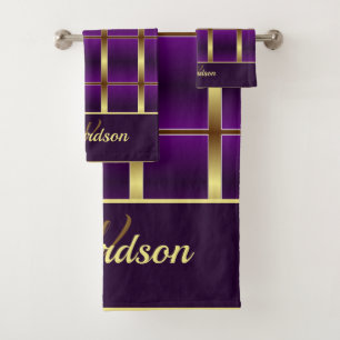 Modern Gold And Purple Chequered Monogrammed Bath Towel Set