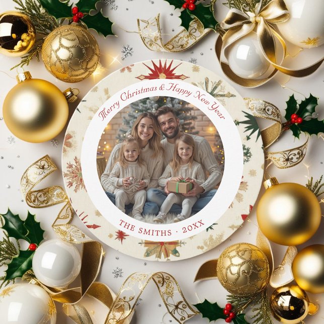 Modern Gold and Red Snowflakes round Holiday Card (Modern Gold and Red Snowflakes round Holiday Card)