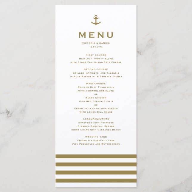 Modern Gold and White Anchor Nautical Wedding Menu (Front)