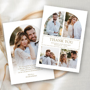 Modern Gold and White Arch Photo Collage Wedding Thank You Card