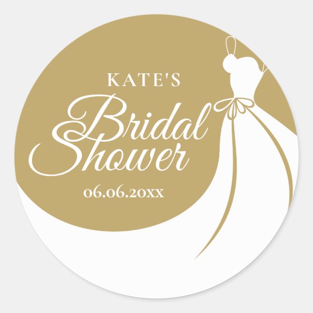 Modern Gold and White Elegant Gown Bridal Shower Classic Round Sticker (Front)
