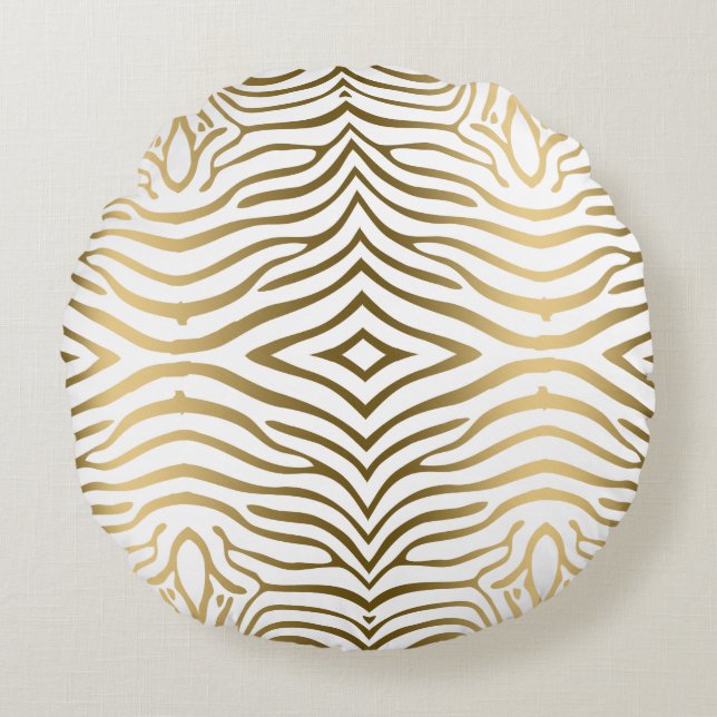 Modern Gold And White Zebra Stripes Round Cushion (Front)