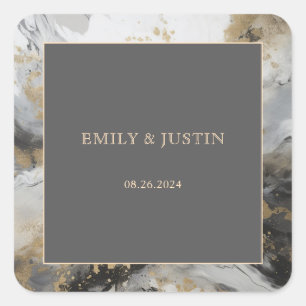 Modern Gold Anthracite Artistic Watercolor Wedding Square Sticker
