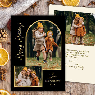 Modern Gold Arch 3 Photo Black Happy Holiday Card